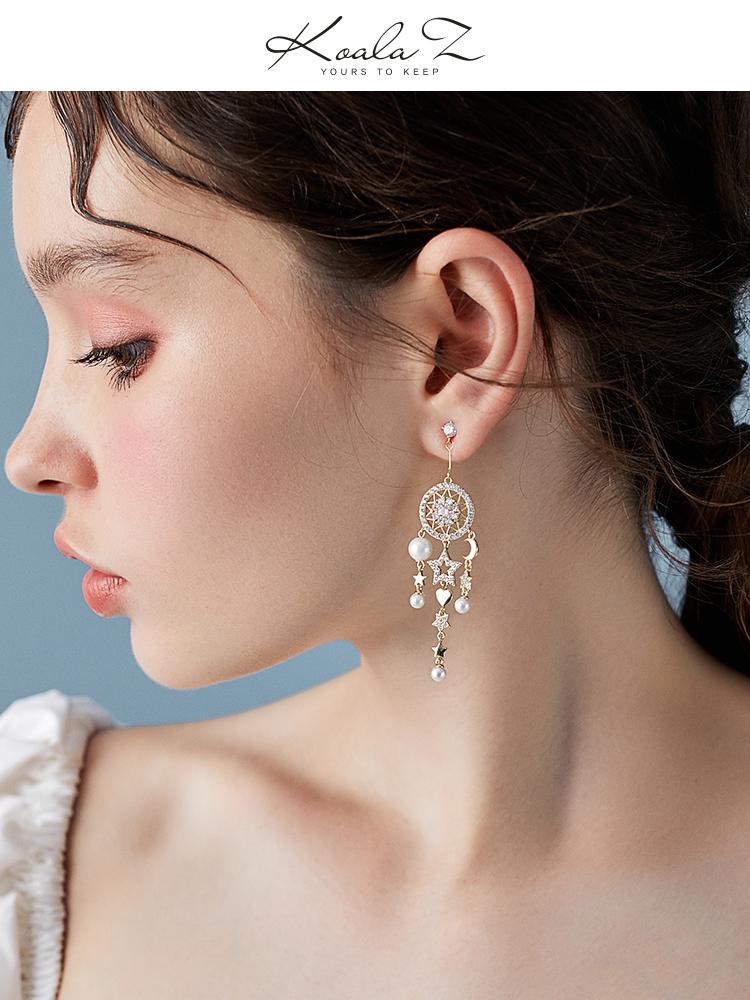 星星的珠宝!重工设计长款流苏星星月亮捕梦网耳环耳夹无耳洞女 - dianjiang-