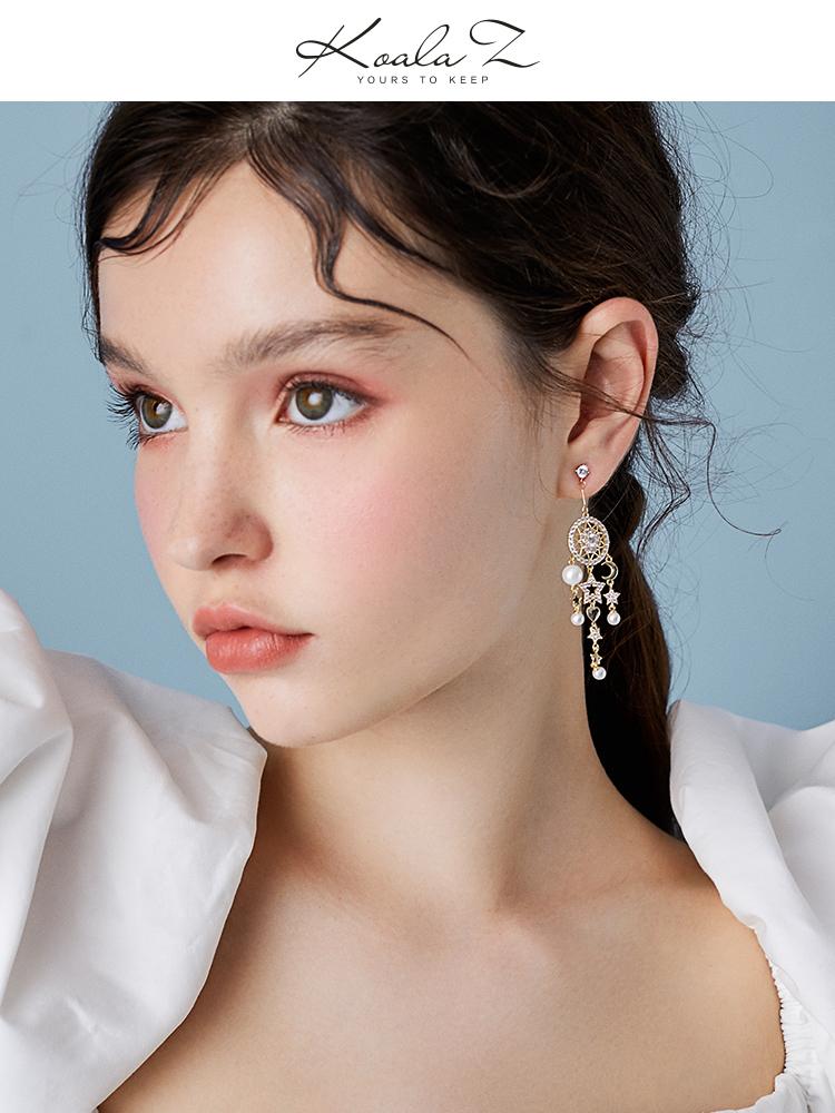 星星的珠宝!重工设计长款流苏星星月亮捕梦网耳环耳夹无耳洞女 - dianjiang-