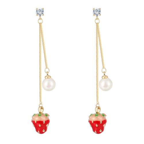 Small fresh cute strawberry long pearl temperament Korean earrings earless hole female painless Japanese spiral - dianjiang-