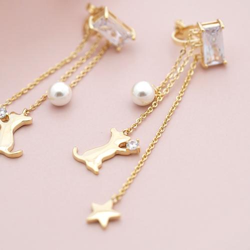 日系新品 多流苏长款小猫咪星星仿珍珠耳环耳夹无耳洞女可爱 - dianjiang-