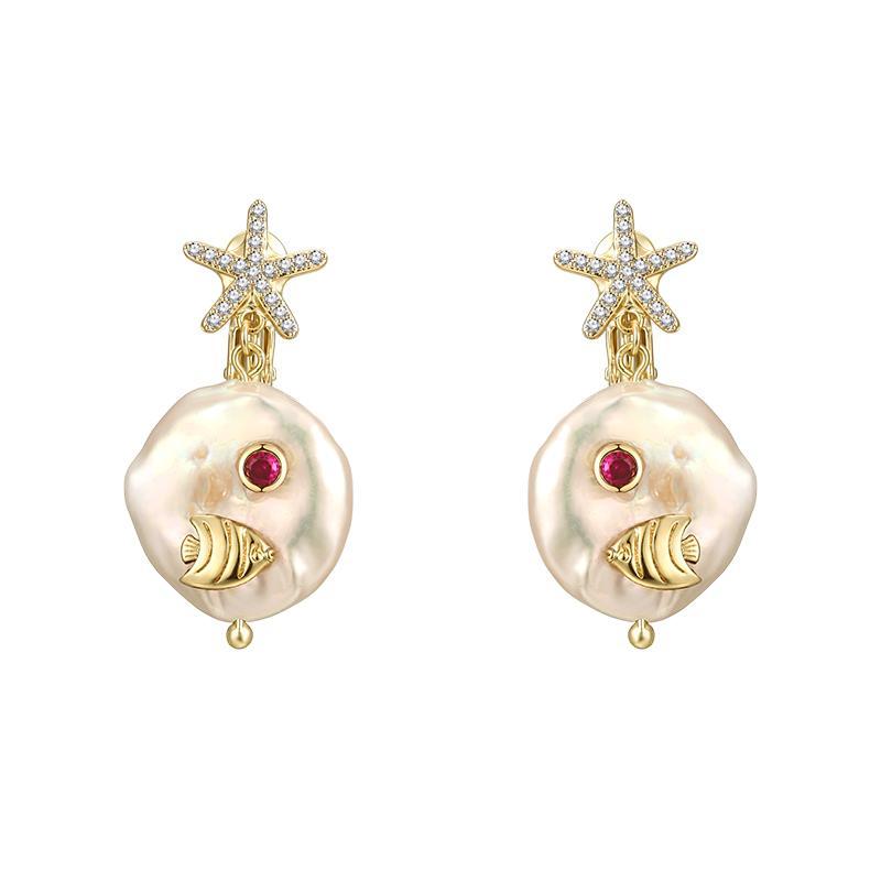 巴洛克天然珍珠锆石海星可爱小鱼耳钉无耳洞耳夹女无痛日常百搭款 - dianjiang-