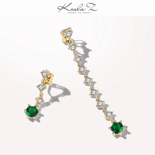 清仓 微瑕无绒布袋 不退不换 不对称祖母绿宝石长款耳环耳夹 - dianjiang-