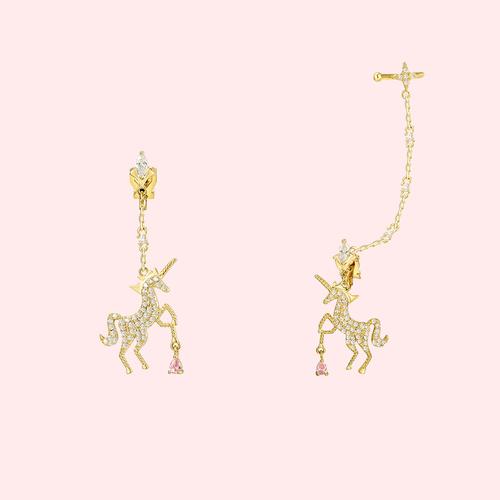 可爱梦幻粉色少女心不对称金属满钻独角兽耳挂耳钉耳环无耳洞耳夹 - dianjiang-