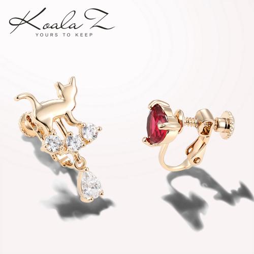 日系小清新 不对称别致红色红钻爱心猫咪耳钉耳环耳夹无耳洞女 - dianjiang-