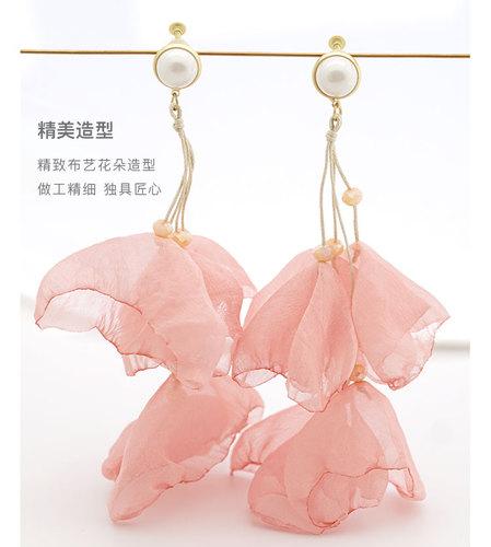 进口韩国飘逸面料 夏日清爽雪纺布艺花朵长款流苏耳环耳夹无耳洞 - dianjiang-