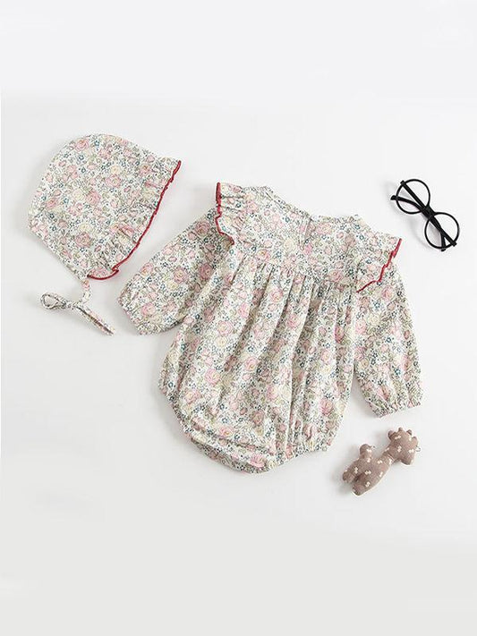 Floral Print Pleated Romper Onesies with Detachable Hat 2-piece Set - dianjiang-