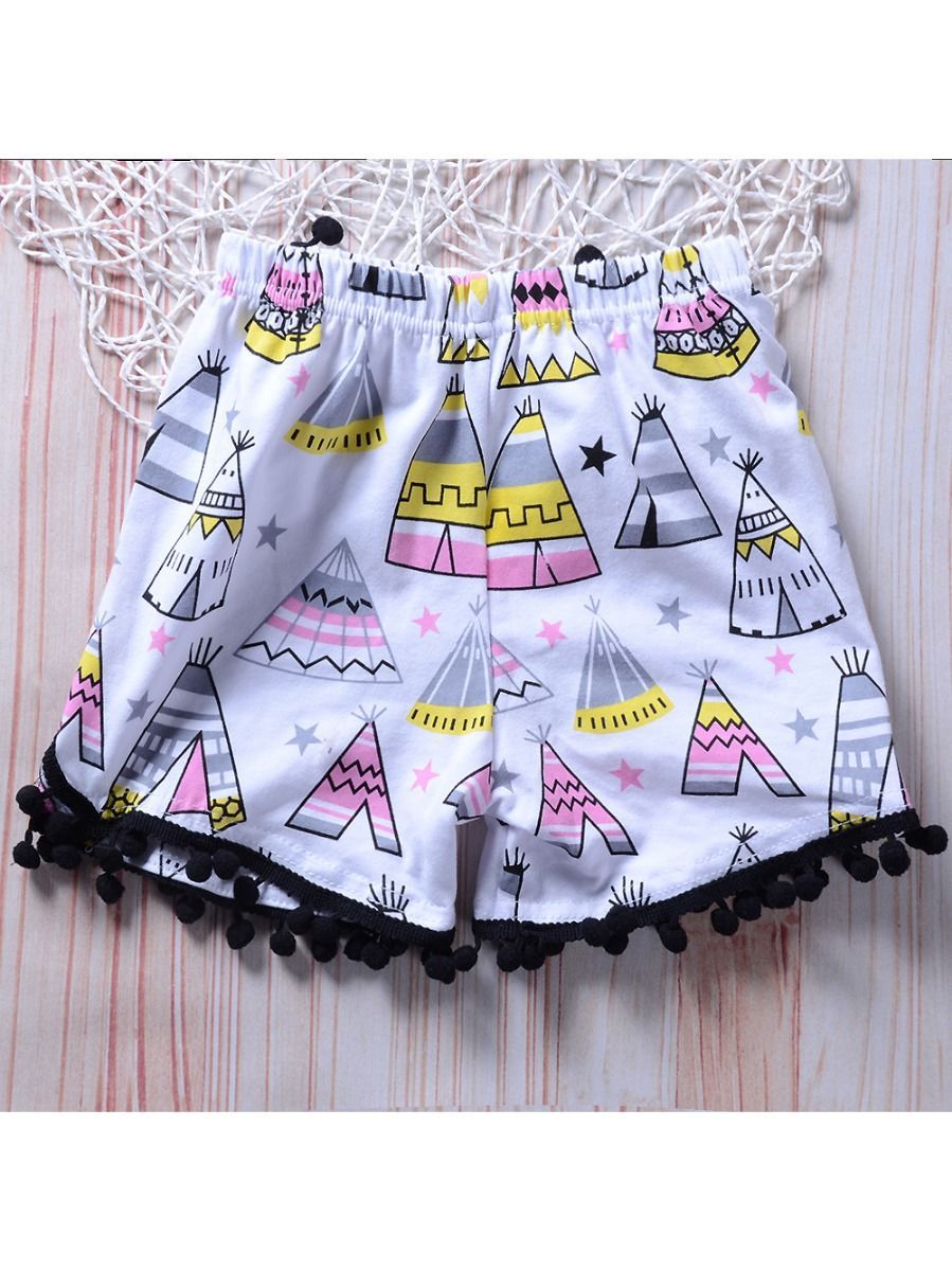 2-Piece Outfit Summer Baby Toddler Girl WILD & FREE Black Ruffle Top Matching Pom Pom Trim Shorts - dianjiang-