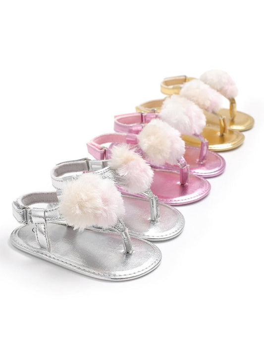 Pom Trim Solid Color Sandal For Baby Girls - dianjiang-