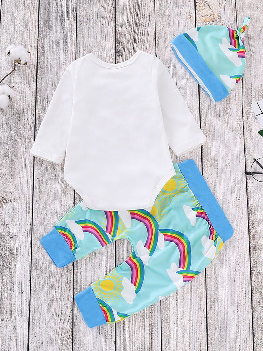 Rainbow Outfit 3-piece Bodysuit Long Sleeve +Rainbow Sun Print Pants+Hat - dianjiang-