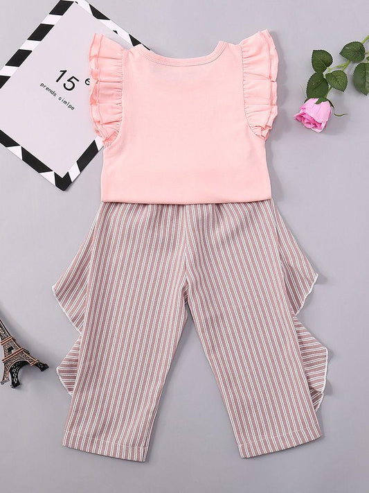 Summer Clothes Outfits Set Short Flutter Sleeve Pink Blouse Top + Frilled Striped Pants - dianjiang-