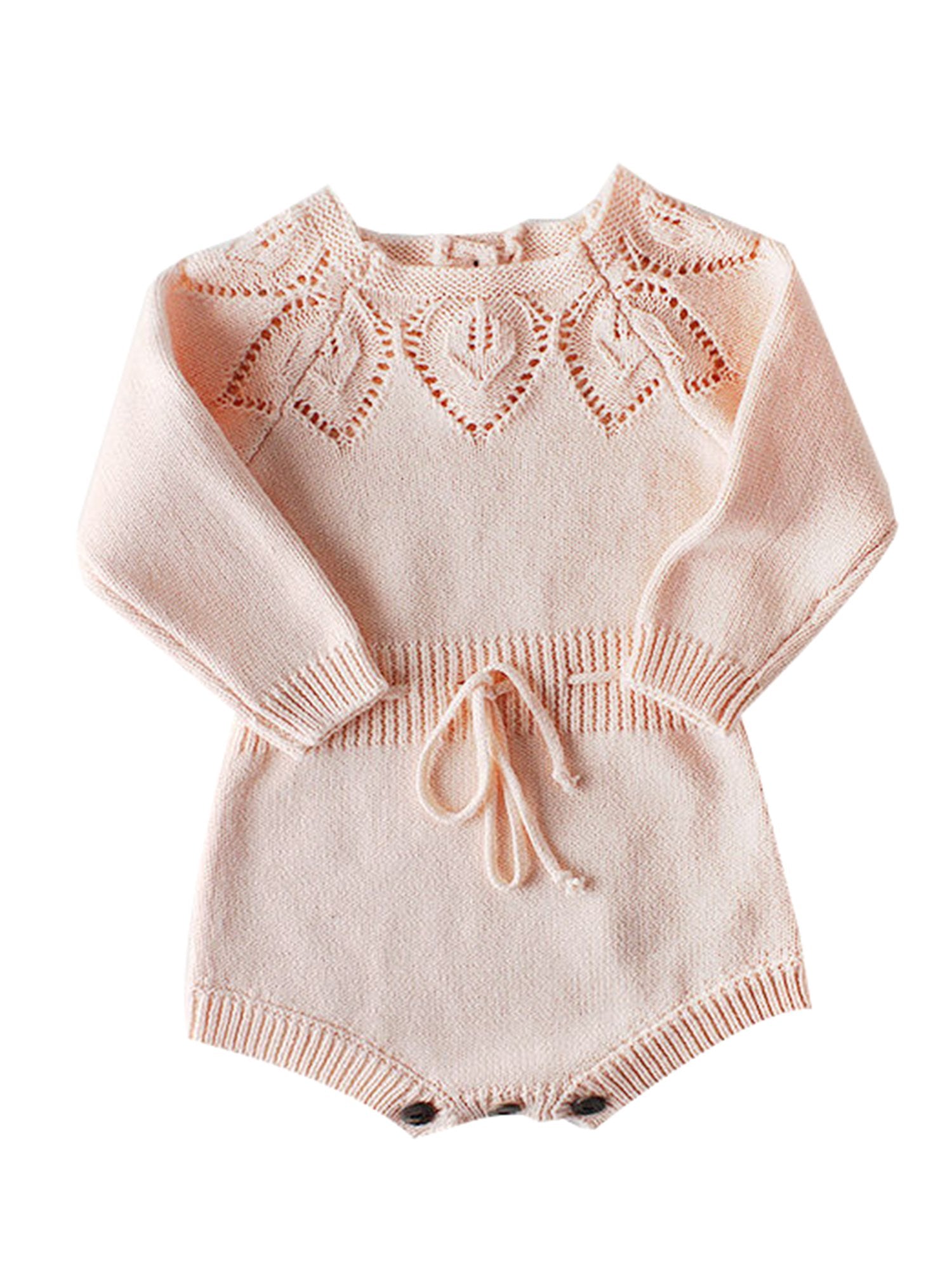 Leaf Crochet Pattern Romper Spanish Style Baby Girl Cotton Pink/White Bodysuit - dianjiang-