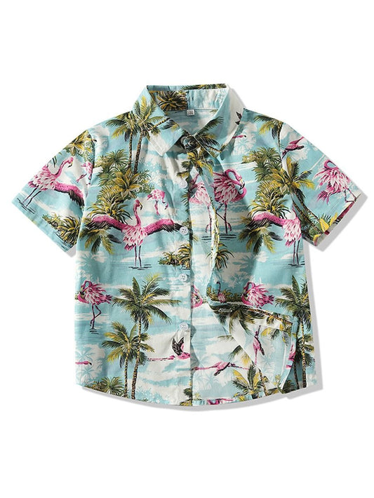 Stylish Toddler Little Boy Coconut Tree Flamingo Turn Down Collar Shirt - dianjiang-