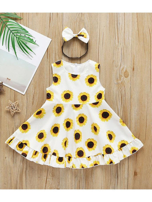 Summer 2-Piece Outfit Sunflower Sleeveless Dress Matching Headband - dianjiang-