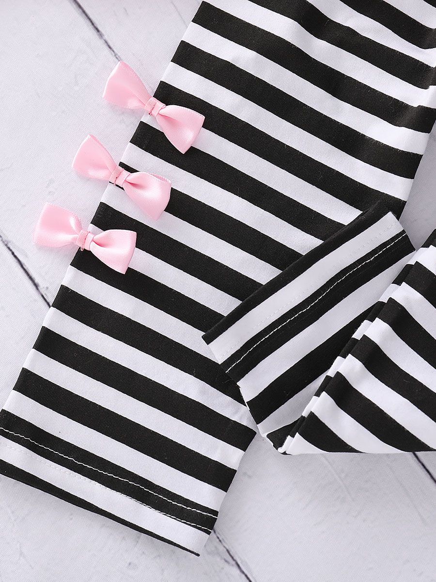 Toddler Big Girl 2-piece Outfit Bow Pink T-shirt+Black & White Striped Pants - dianjiang-