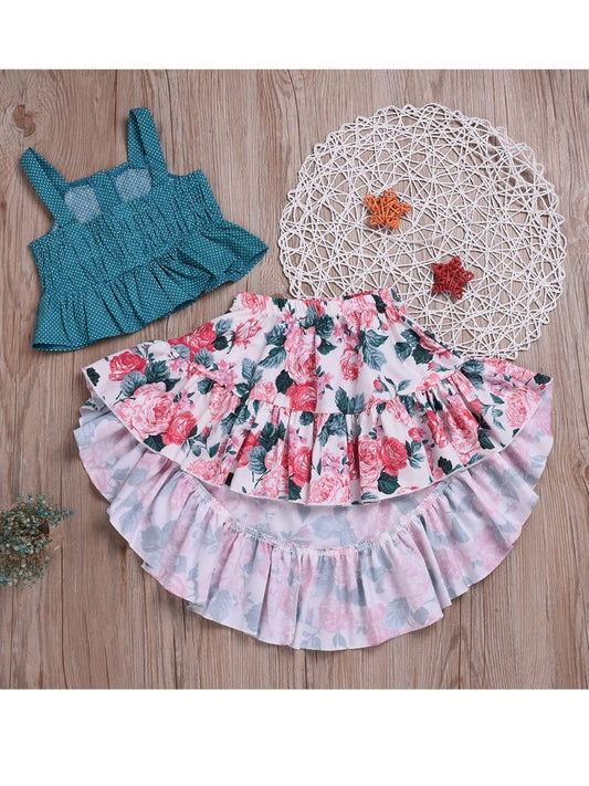 2-Piece Outfits Set Baby Toddler Big Girl Clothes Polka Dots Ruffle Top+Flower Asymmetrical Hemline Dress - dianjiang-