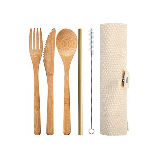 UPORS Reusable Bamboo Cutlery Set Portable Tableware Wooden Cutlery Fork Spoon Knife Set with Cutlery Bag for Travel Utensil Set - dianjiang-