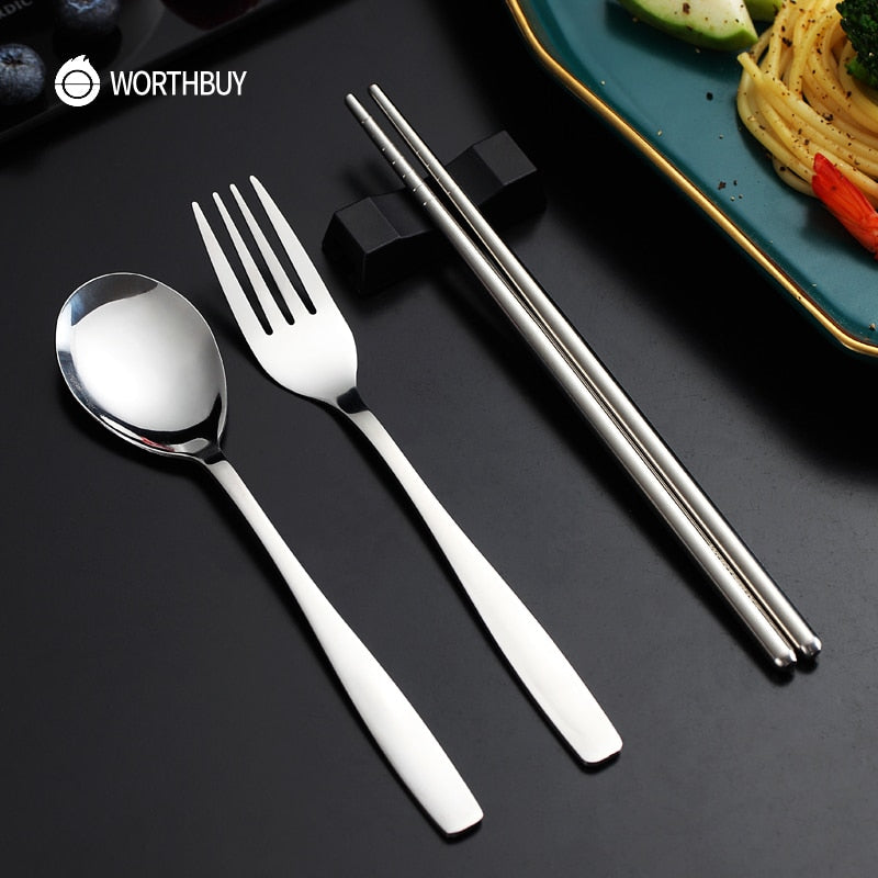 WORTHBUY Portable Travel Tableware Set Stainless Steel Dinnerware With Box Kitchen Fork Spoon Dinner Set For Kid School Cutlery - dianjiang-