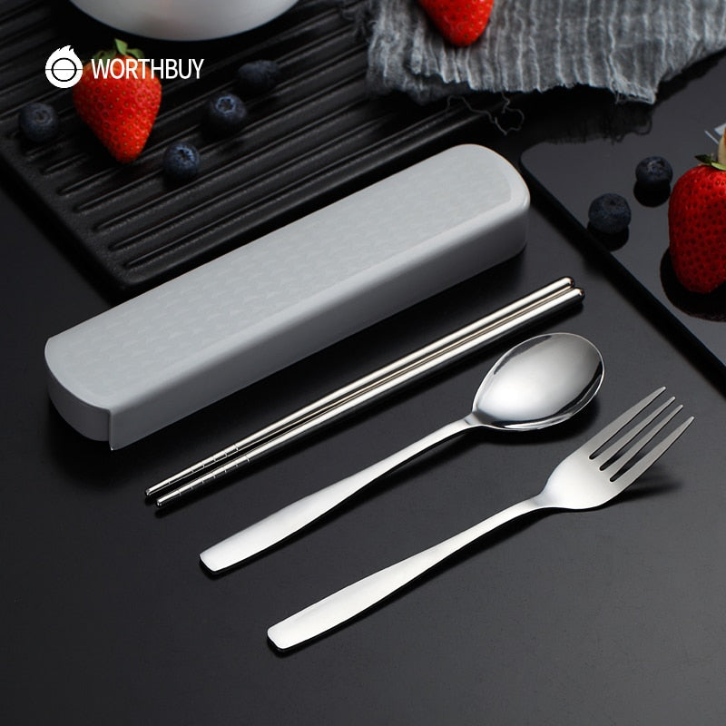 WORTHBUY Portable Travel Tableware Set Stainless Steel Dinnerware With Box Kitchen Fork Spoon Dinner Set For Kid School Cutlery - dianjiang-