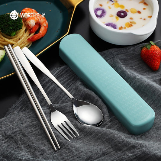 WORTHBUY Portable Travel Tableware Set Stainless Steel Dinnerware With Box Kitchen Fork Spoon Dinner Set For Kid School Cutlery - dianjiang-