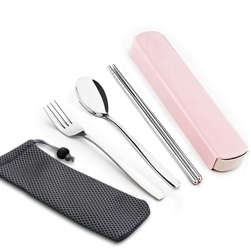 WORTHBUY Portable Travel Tableware Set Stainless Steel Dinnerware With Box Kitchen Fork Spoon Dinner Set For Kid School Cutlery - dianjiang-