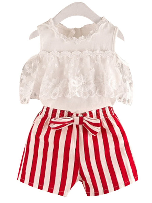 2-Piece Outfit White Flower Lace Off Shoudler Top + Beaded Necklace + Stripe Shorts - dianjiang-
