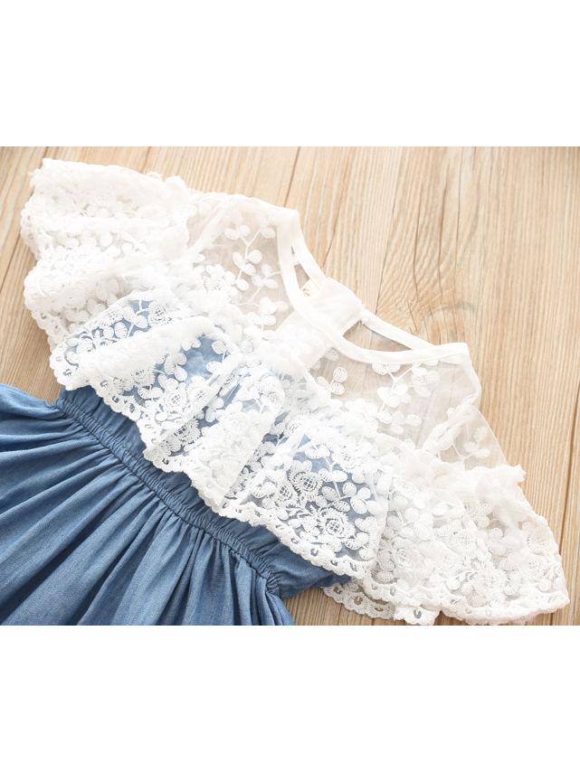 White Lace Trim Flower Patchwork Denim Dress - dianjiang-