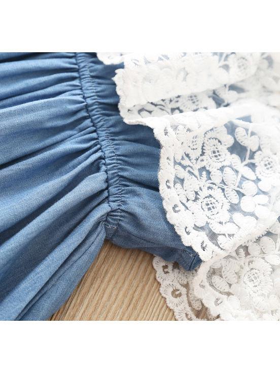 White Lace Trim Flower Patchwork Denim Dress - dianjiang-