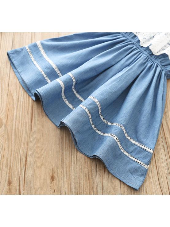 White Lace Trim Flower Patchwork Denim Dress - dianjiang-