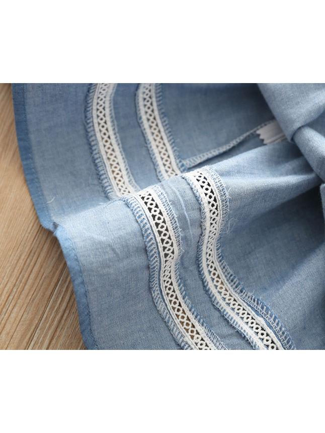 White Lace Trim Flower Patchwork Denim Dress - dianjiang-