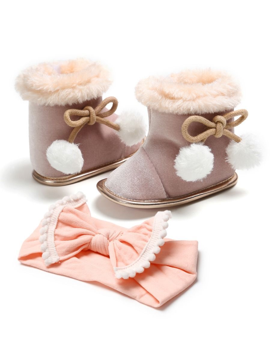 Winter 2-Piece Baby Girl Soft Fur Snow Boots Matching Headband - dianjiang-