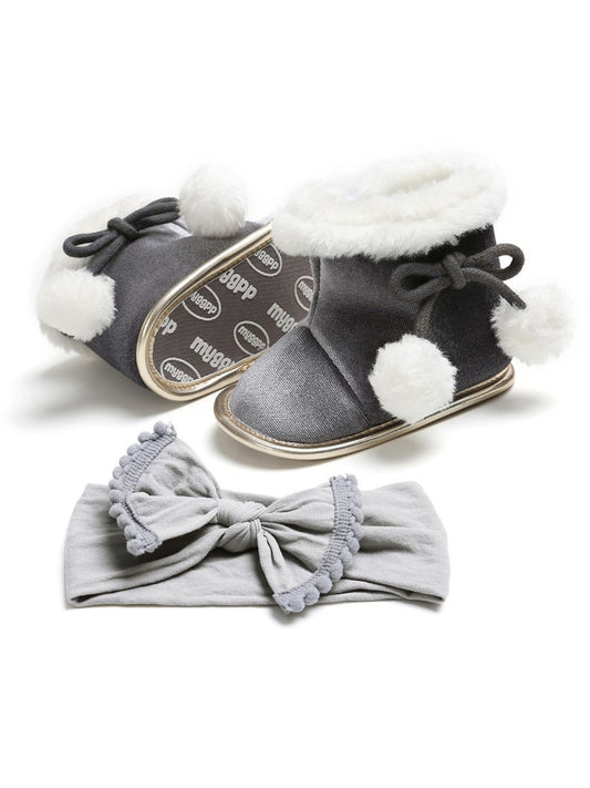 Winter 2-Piece Baby Girl Soft Fur Snow Boots Matching Headband - dianjiang-