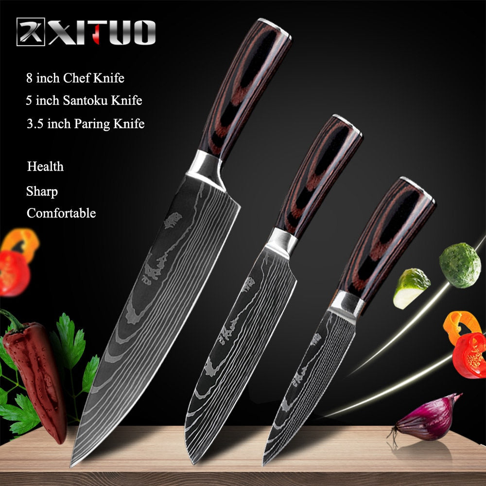 XITUO 8"inch japanese kitchen knives Laser Damascus pattern chef knife Sharp Santoku Cleaver Slicing Utility Knives tool EDC - dianjiang-