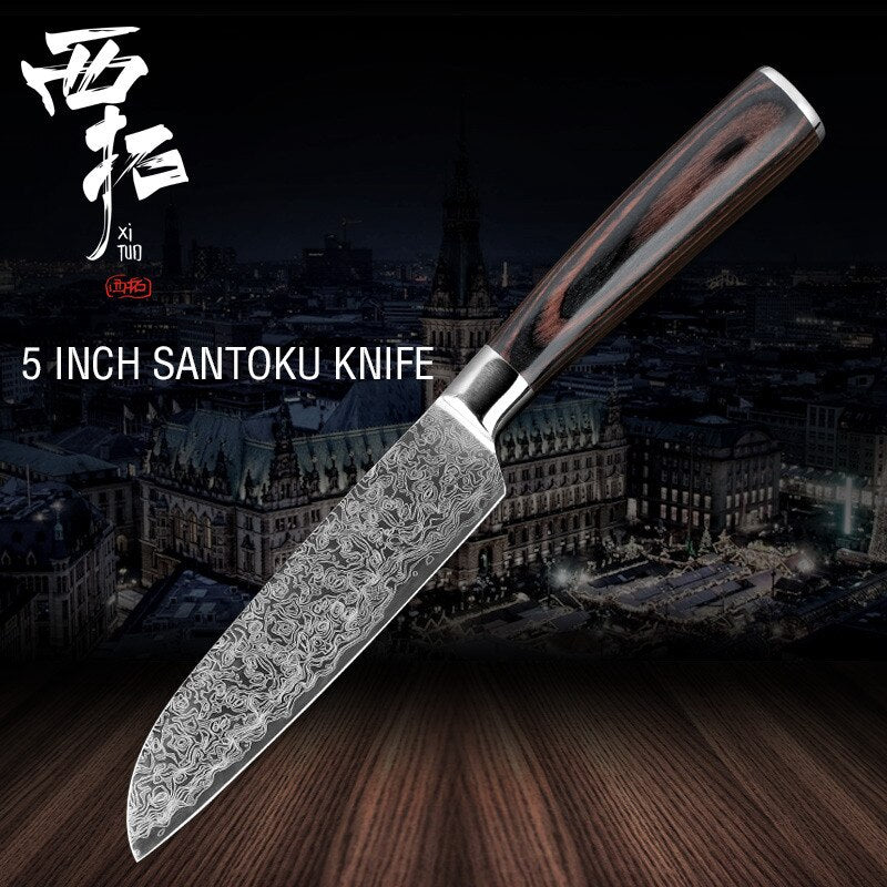 XITUO kitchen chef knife laser Damascus pattern stainless steel cut meat sliced peeled fruit Utility santoku kitchen tool set - dianjiang-