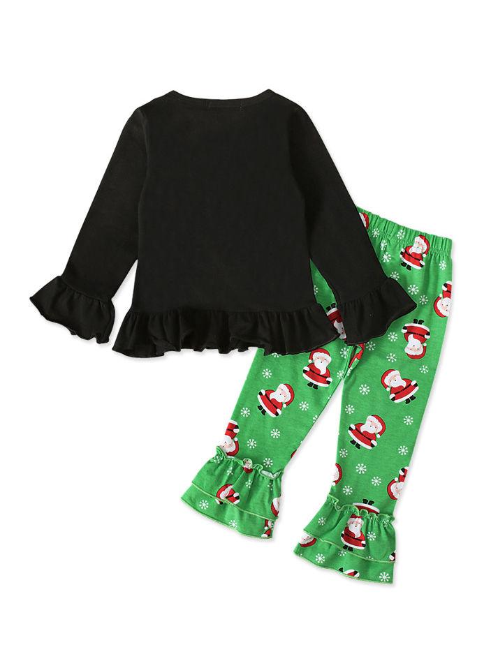 XMAS 2-Piece Toddler Girl Santa Baby Frilled Top Matching Bell Bottoms - dianjiang-