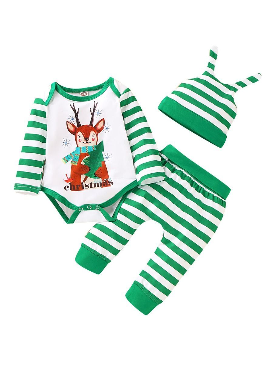 XMAS Baby 3-Piece Set Deer Romper+Stripe Pants+Hat - dianjiang-