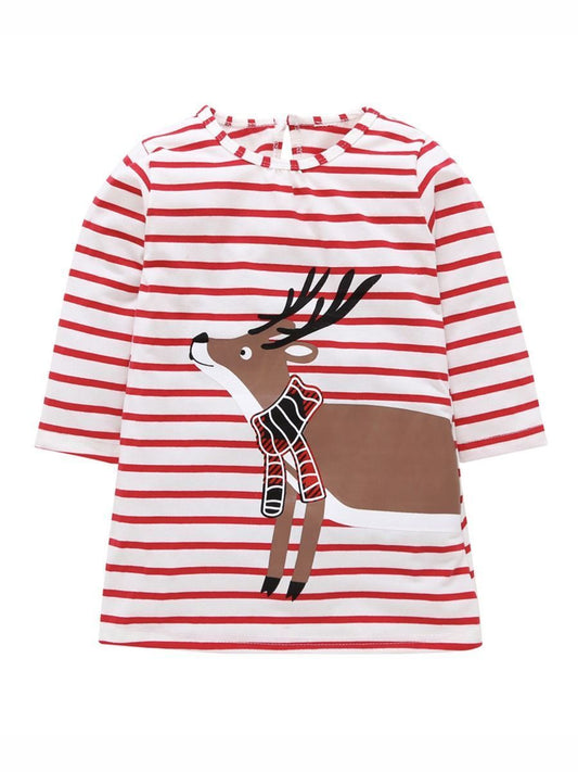 XMAS Deer Stripe Long-sleeved Shift Dress - dianjiang-