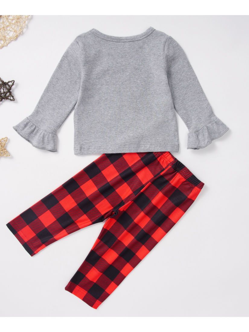 Xmas Baby Toddler Girl 2-Piece Set Deer Frilled T-shirt & Checked Pants - dianjiang-
