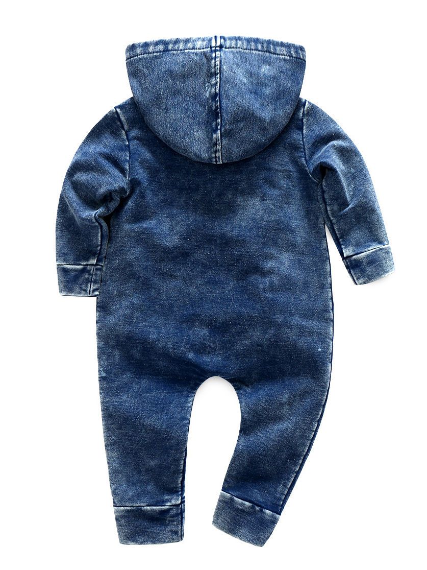 Zipper Style Bias Tape Baby Boy Denim Hooded Jumpsuit Coverall - dianjiang-