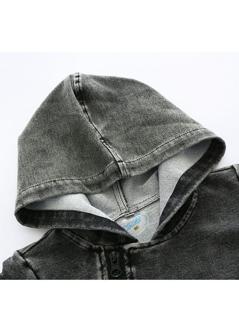 Zipper Style Bias Tape Baby Boy Denim Hooded Jumpsuit Coverall - dianjiang-