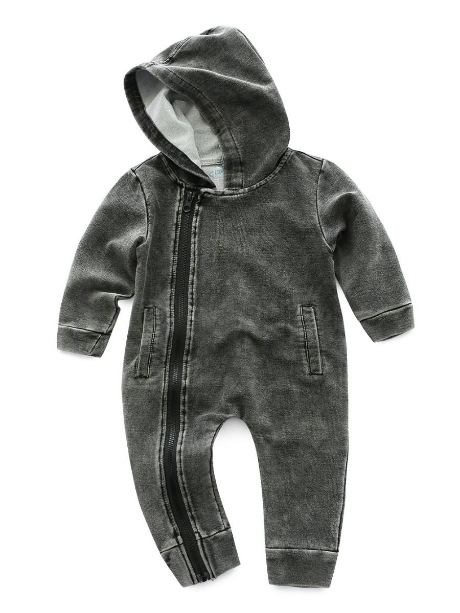 Zipper Style Bias Tape Baby Boy Denim Hooded Jumpsuit Coverall - dianjiang-