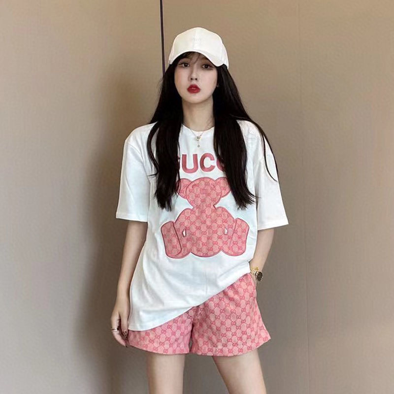 欧米のタイドブランドグッチジョイントショーツ+刺繡半袖Tシャツツーピースセット - dianjiang-