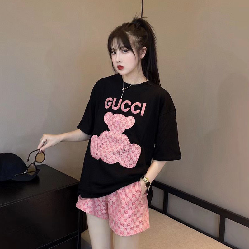 欧米のタイドブランドグッチジョイントショーツ+刺繡半袖Tシャツツーピースセット - dianjiang-