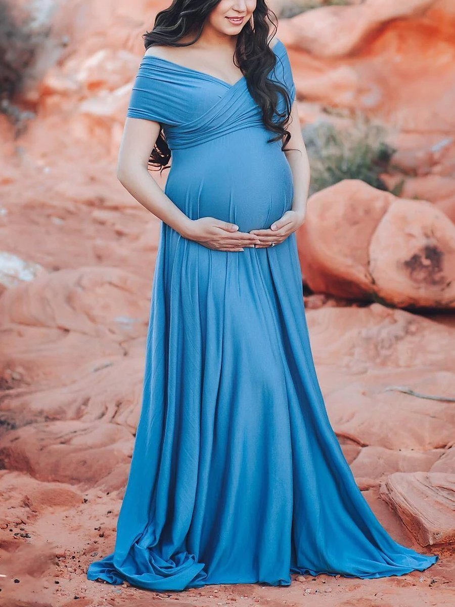 Maternity Shoot Chiffon Fashion Elegant Blue Gown - dianjiang-