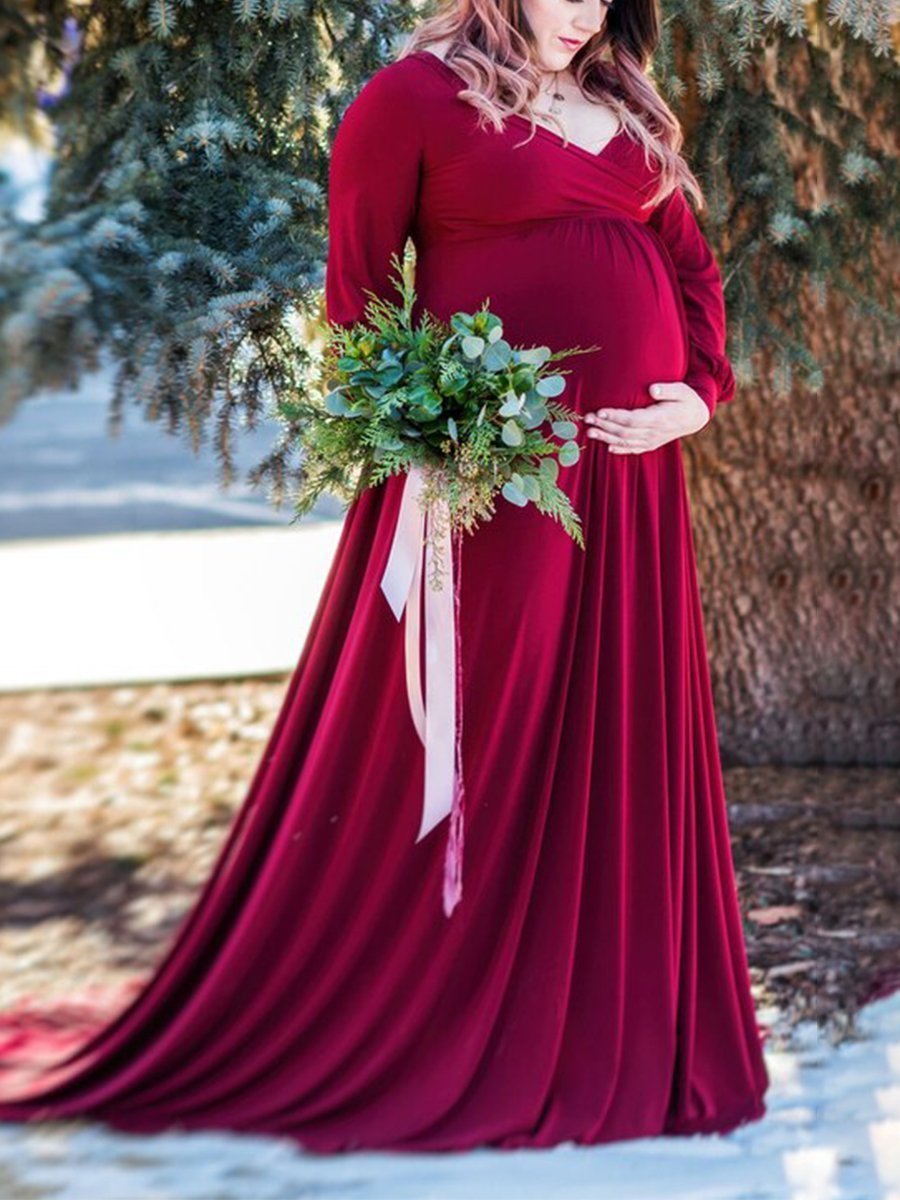 Maternity Shoot  Fashion Elegant Red Gown - dianjiang-