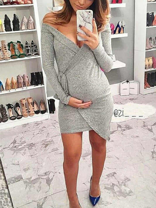 Maternity Slim Solid Color Lace-up V-neck Dress - dianjiang-