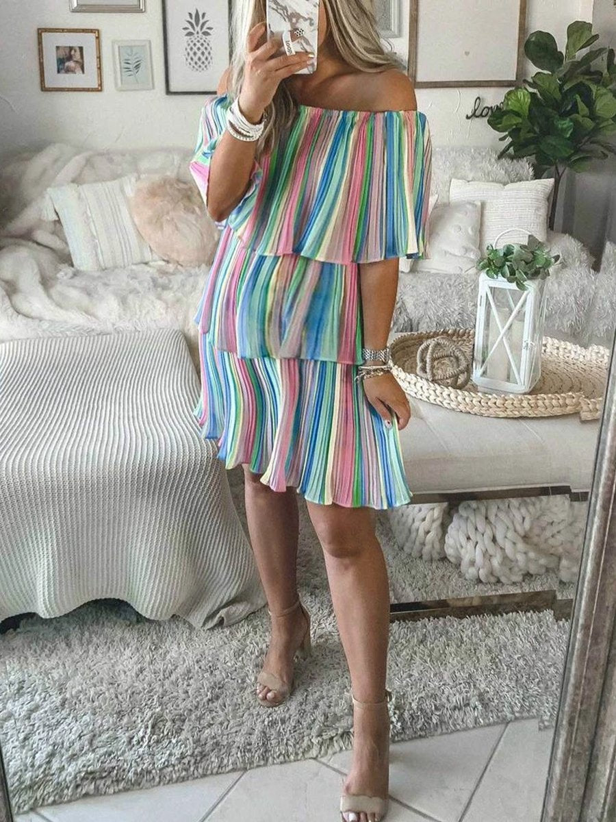 Maternity Rainbow Stripe Off Shoulder Multi-Pleated Dress - dianjiang-