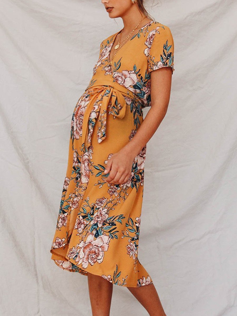 Maternity Plant Print Short Sleeve Dress - dianjiang-