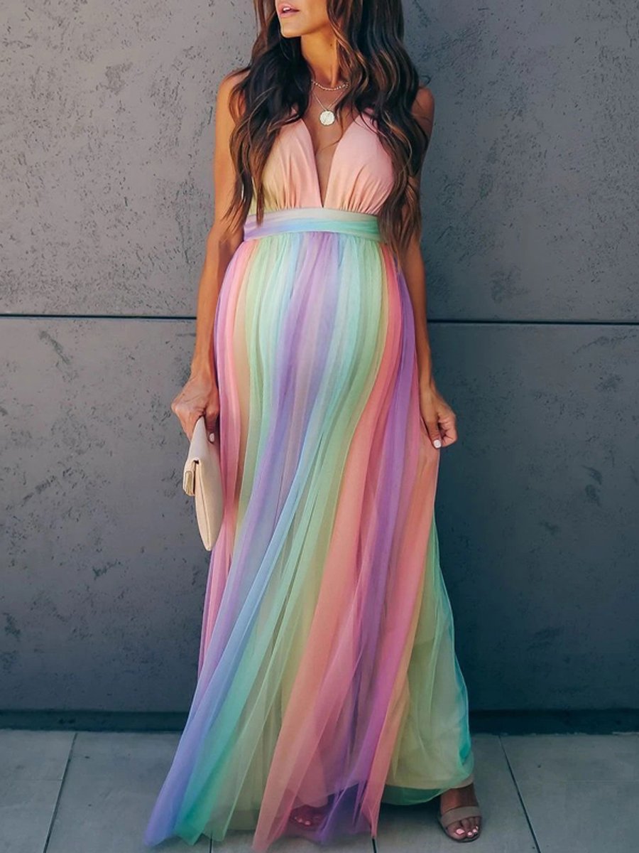 Maternity Sexy Rainbow Striped Maxi Dress - dianjiang-