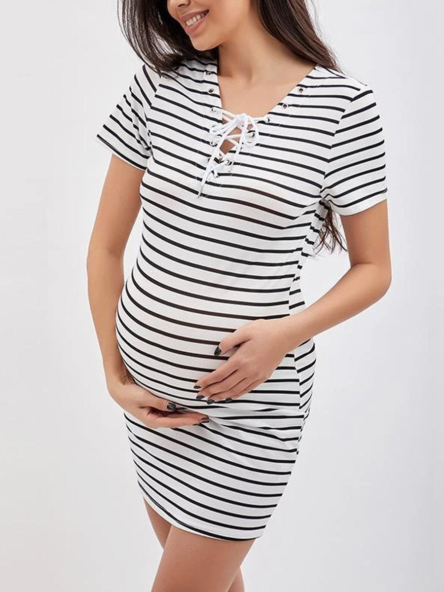 Maternity V-Neck Lace-Up Printed Shift Dress - dianjiang-