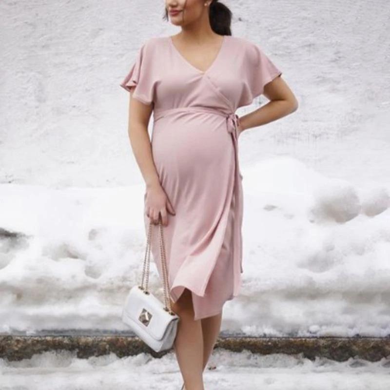 Maternity Plain V-Neck Asymmetric Lacing Dress - dianjiang-